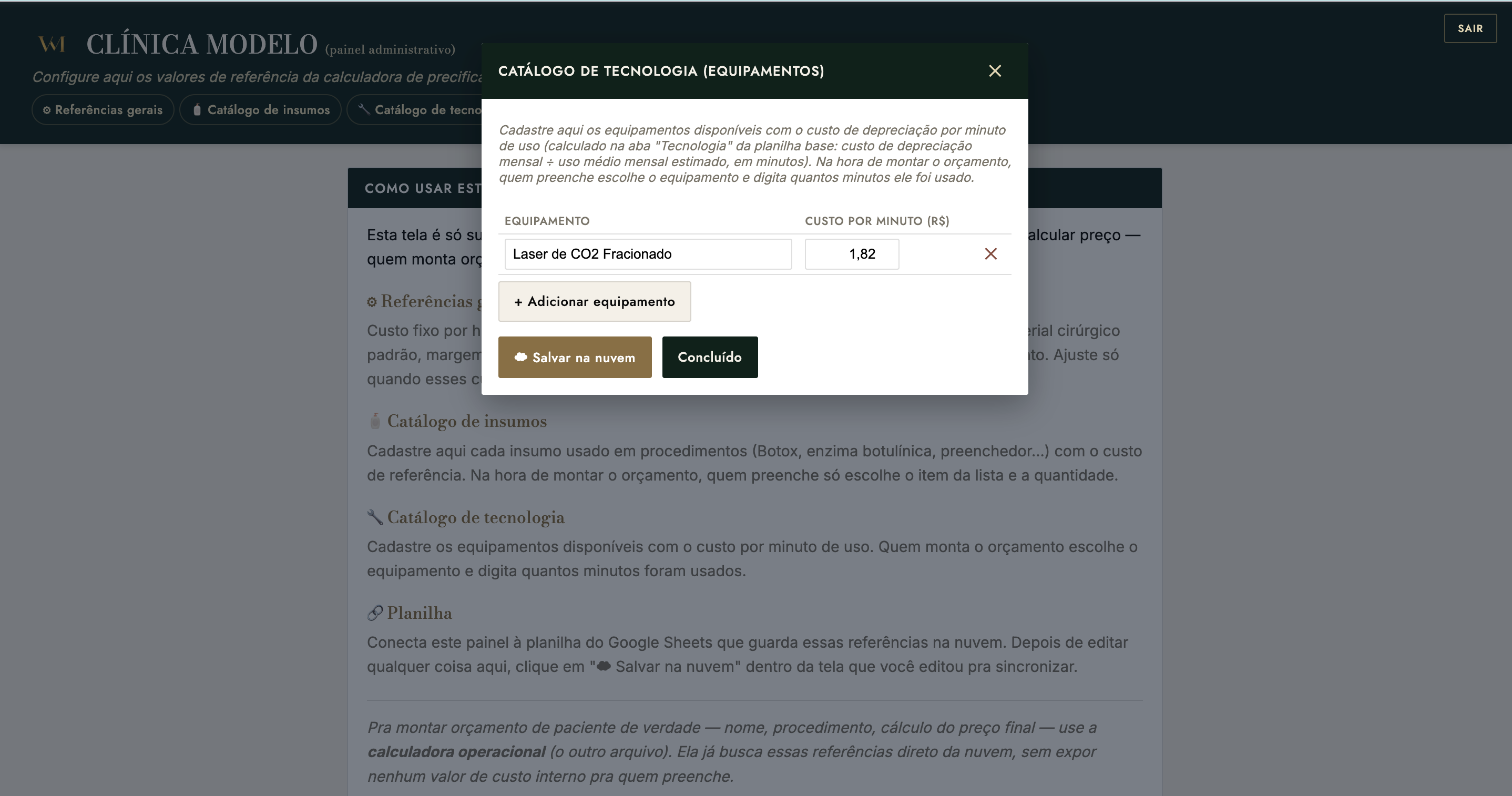 Cadastro de tecnologias no VM Precifica